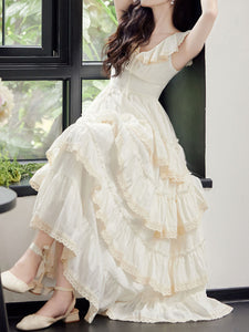 White Ruffles V Neck Layered Lace Maxi Vintage Dress