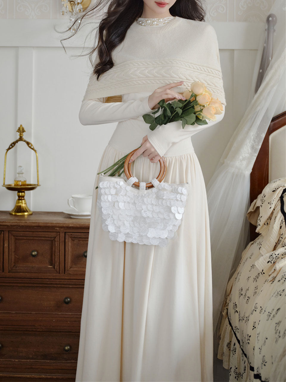 White Two-Piece Set Pearl Beaded Long Sleeve Dress with Cable Knit Cape, White / L White Two-Piece Set Pearl Beaded Long Sleeve Dress with Cable Knit Cape, White / L