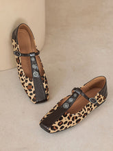 Load image into Gallery viewer, Women&#39;s Flat Heel Leopard Square Toe T-strap Vintage Shoes