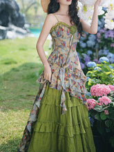 Load image into Gallery viewer, 2PS Boho Gypsy Floral Asymmetrical Maxi Dress Whimsical Green Crinkled Tiered Ruffle Dress for Festival