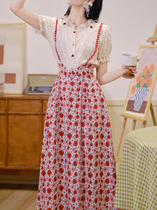 White Cotton Embroidered Shirt and Rose Print Suspender Dress