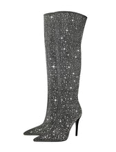 Load image into Gallery viewer, Black High Heel Pointed Toes Luxury Bling Rhinestone Boots Shoes