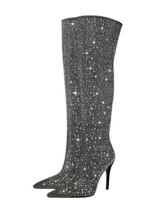 Black High Heel Pointed Toes Luxury Bling Rhinestone Boots Shoes