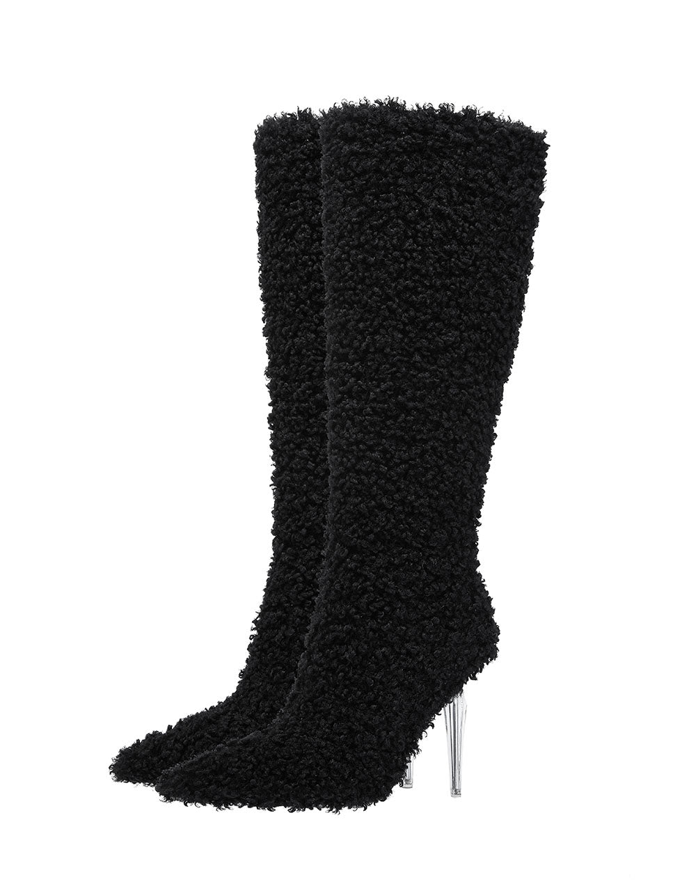 Black High Heel Pointed Toes Lambswool Retro Short Boots Shoes