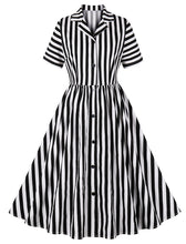 Load image into Gallery viewer, Beetlejuice Costume Turndown Collar 1960S Dress With Black and White Vertical Stripe