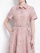 Load image into Gallery viewer, Pink Jacquard Elegant Embossed Floral Shirt Dress with Belt