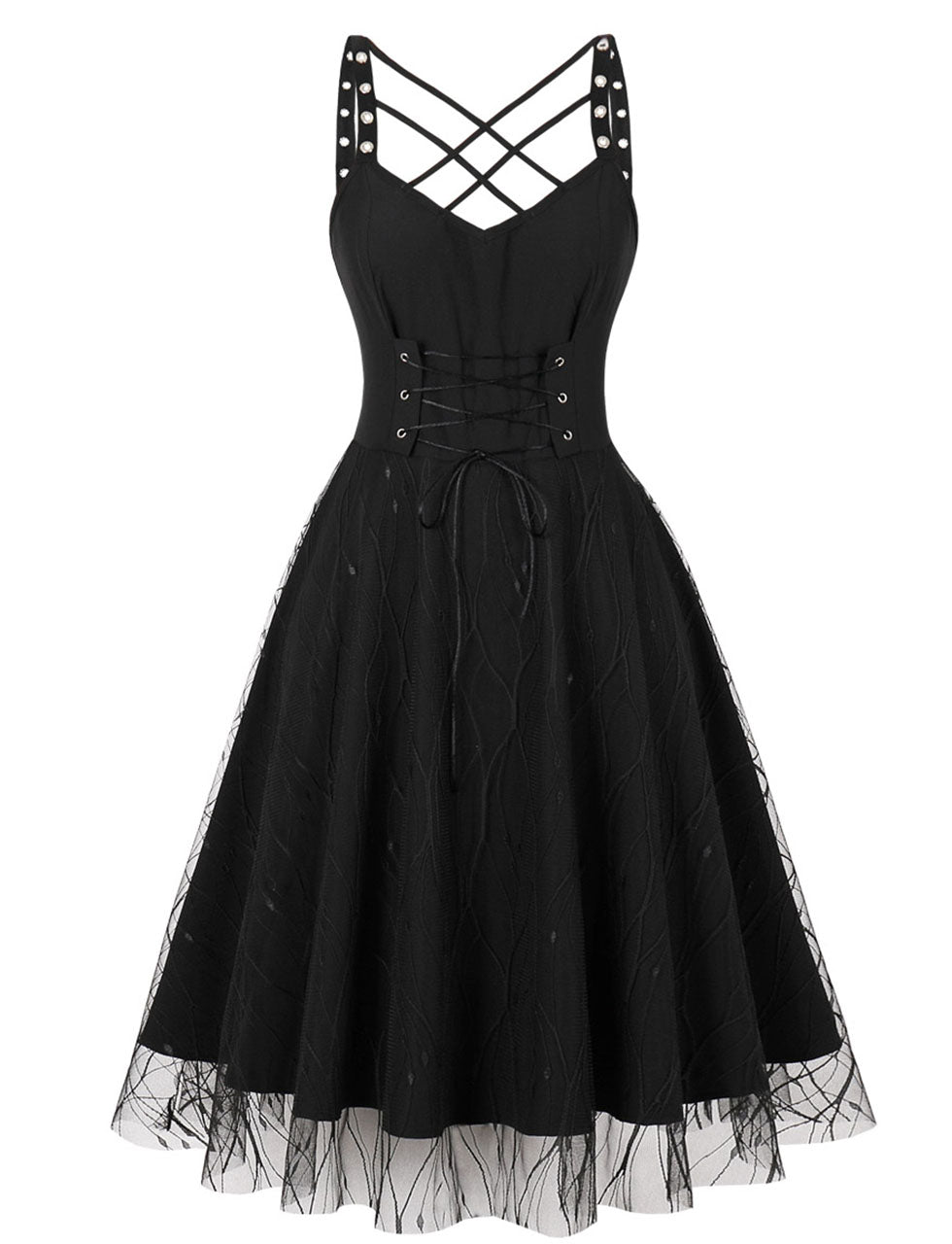 Halloween Rivet Strap Lace 1950S Vintage Swing Dress