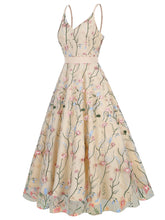 Load image into Gallery viewer, Baby Blue Semi Mesh Flower Embroidered Spaghetti Strap Sleeveless 1950S Swing Maxi Dress