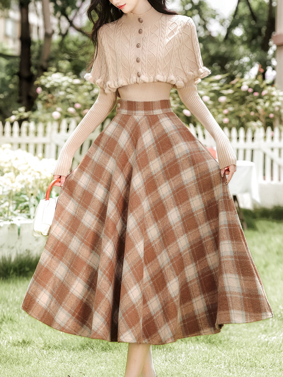 3PS Brown Knitted Sweater Top Cape With Plaid Skirt Vintage 1950s Suits