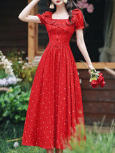 Load image into Gallery viewer, 1950S Vintage Red Polka Dots Square Collar Swing Dress