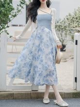 Load image into Gallery viewer, 2PS Blue Rose Spaghetti Strap 1950S Vintage Dress With Long Sleeve Ruffles Cardigan