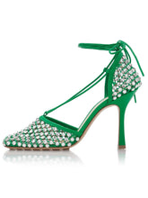 Load image into Gallery viewer, 10CM High Heel Square Toe Rhinestones Twine Sandals