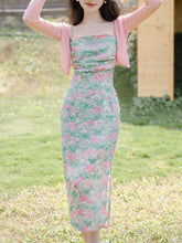Load image into Gallery viewer, 2PS Green Floral Print Spaghetti Strap 1950S Vintage Dress With Pink Long Sleeve Cardigan