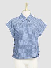Load image into Gallery viewer, 2PS Blue Stripe Turn Down Collar Top And Swing Skirt Dress Suit