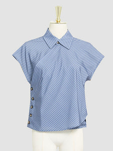 2PS Blue Stripe Turn Down Collar Top And Swing Skirt Dress Suit