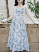 Load image into Gallery viewer, 2PS Blue Rose Spaghetti Strap 1950S Vintage Dress With Long Sleeve Cardigan