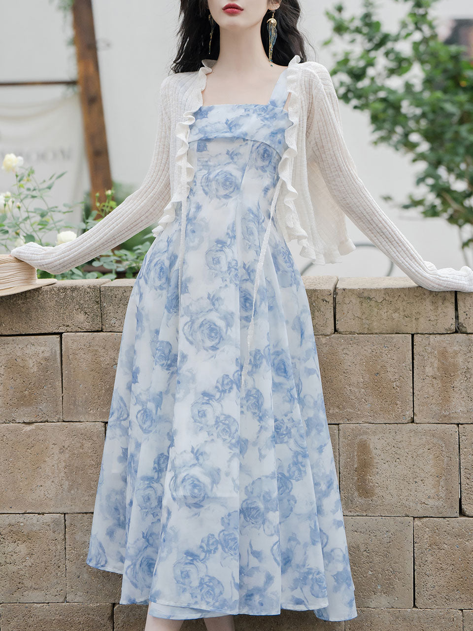 2PS Blue Rose Spaghetti Strap 1950S Vintage Dress With Long Sleeve Cardigan, Blue / XS