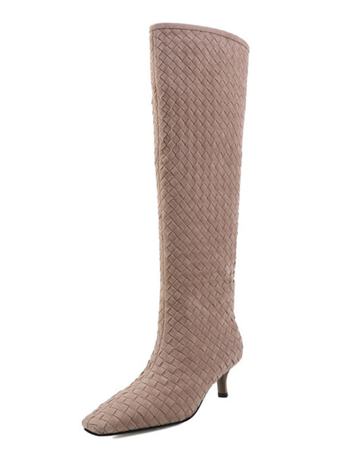 Women's Suede Knit High Heel Knee High Boots Vintage Shoes