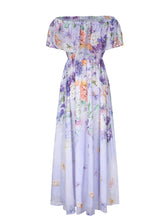 Load image into Gallery viewer, Women's Purple Off-Shoulder Chiffon Dress with Ruffle Trim and Side Slit