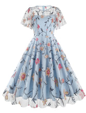 Load image into Gallery viewer, Lake Blue Semi Mesh Rose Embroidered Short Sleeve 50S Swing Dress