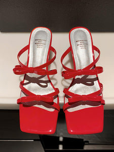 Women's Low Heel Sandals Square Toe Bow Strap Leather Vintage Shoes
