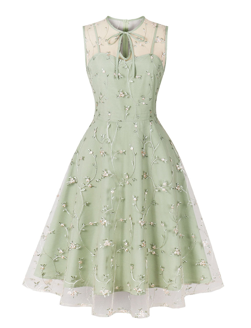Green Leaves Embroidered 1950S Vintage Swing Dress