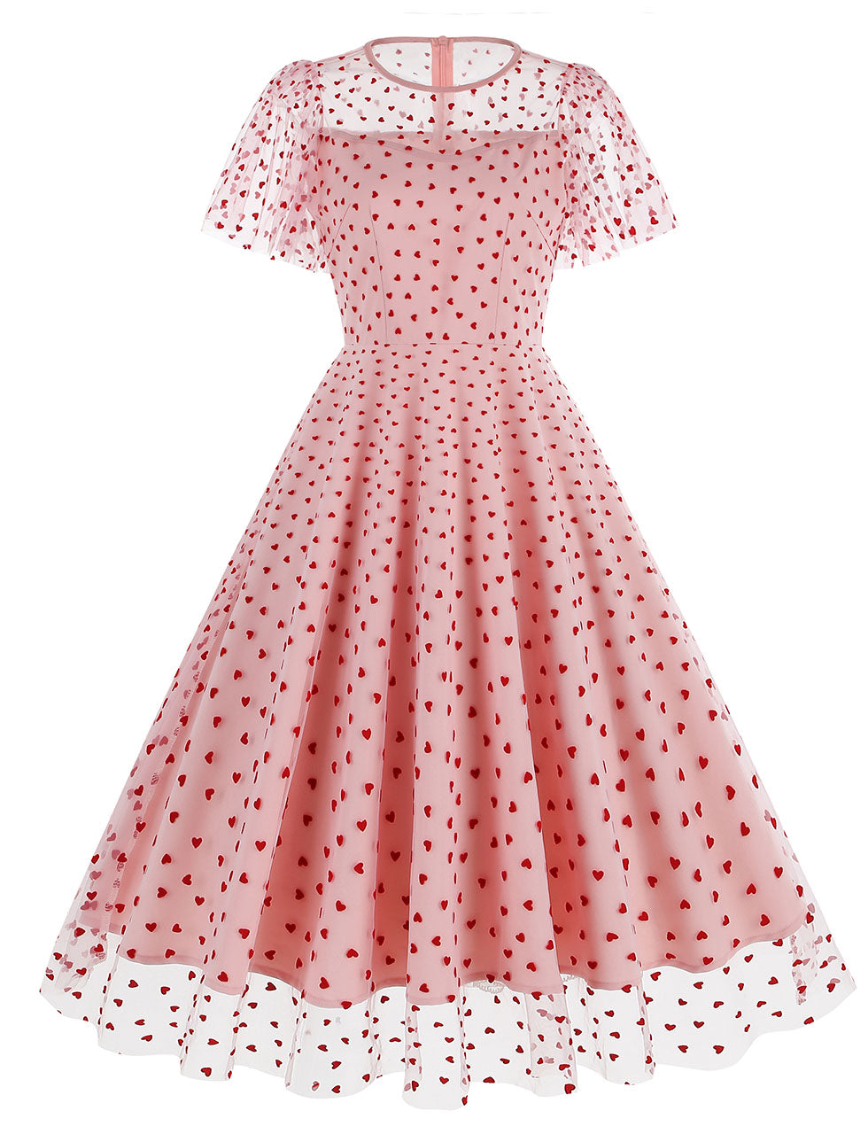 Pink Semi Mesh Sweet Heart Embroidered Short Sleeve 50S Swing Dress, Red / S
