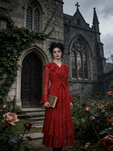 Load image into Gallery viewer, Women's Red Lace Long Sleeve Midi Dress with Ruffle Trim