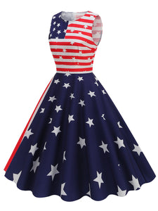 American Flag Stars Stripes  Sleeveless 1950S Vintage Dress