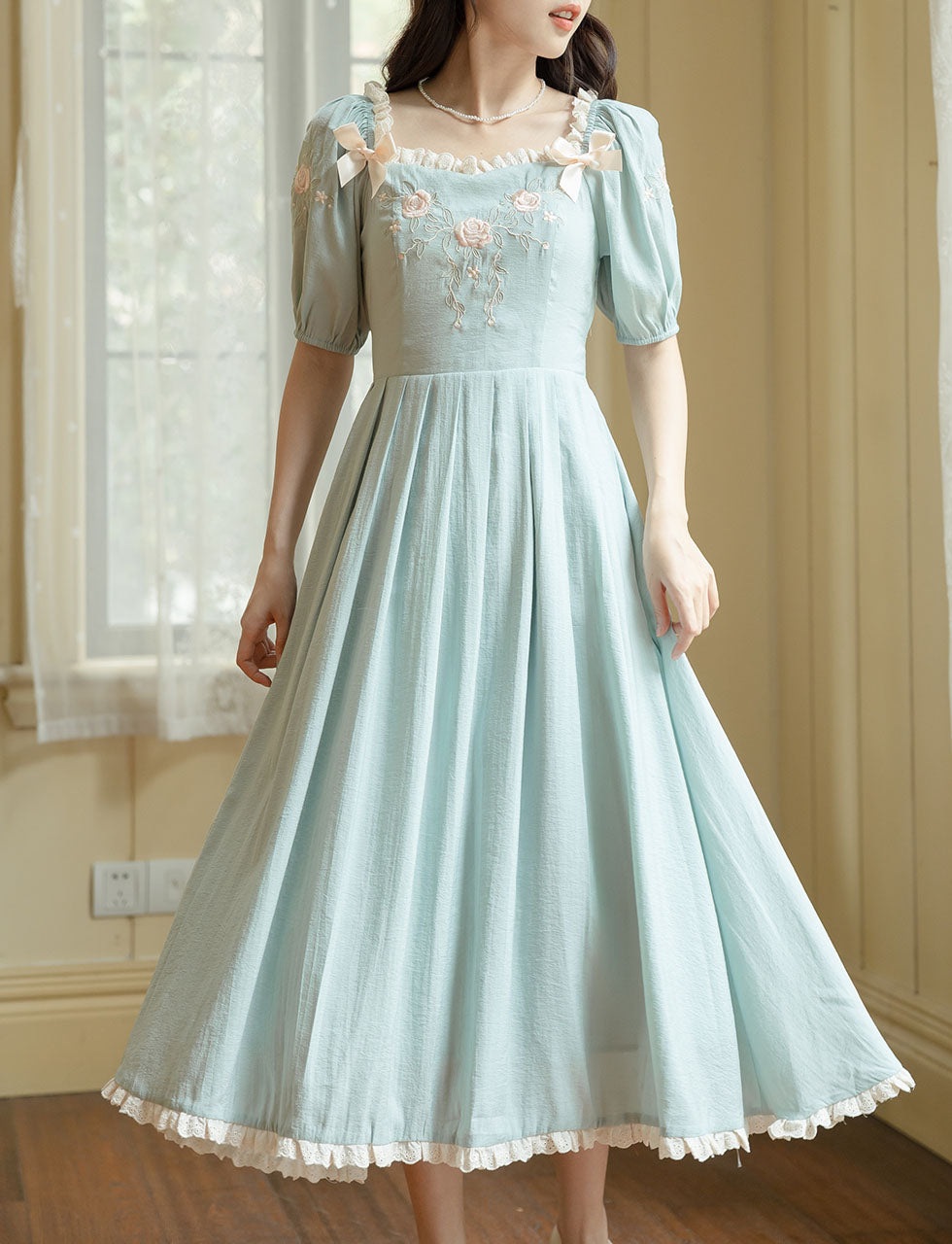 Baby Blue Cotton Fabric with Rose Embroidery Vintage Lace Dress, Blue / S Baby Blue Cotton Fabric with Rose Embroidery Vintage Lace Dress, Blue / S