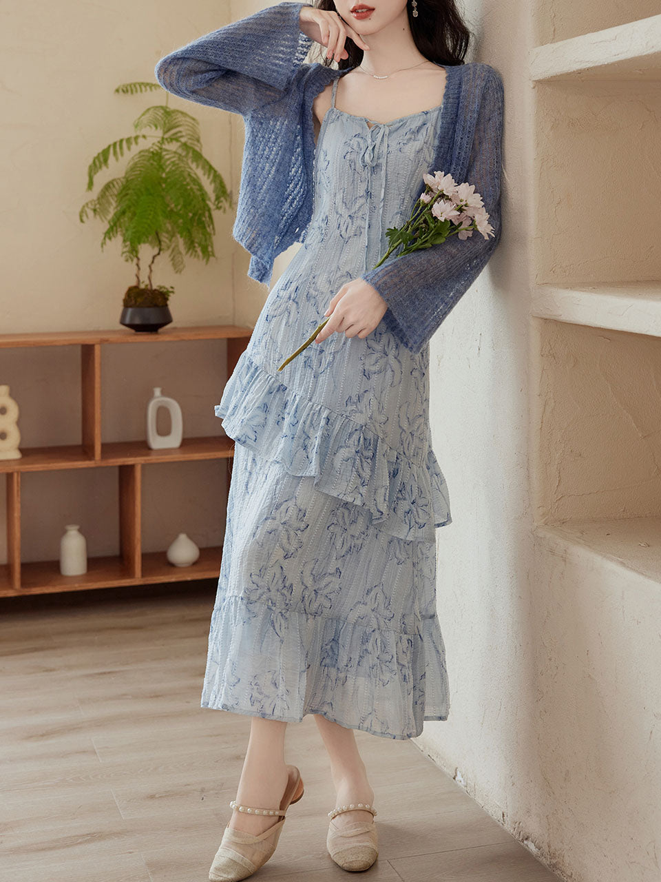 blue shawl dress Strapless Gown with Floral Embroidery and Shawl 45577