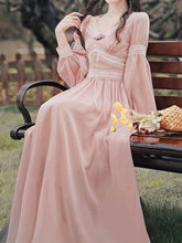 Load image into Gallery viewer, Pink Rose Girl Retro Lace V-neck Chiffon Long Lantern Sleeve Coquette Dress