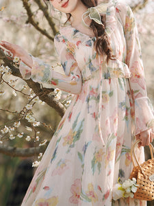 1950S White Ruffles V Neck Floral Print Swing Dress For Women