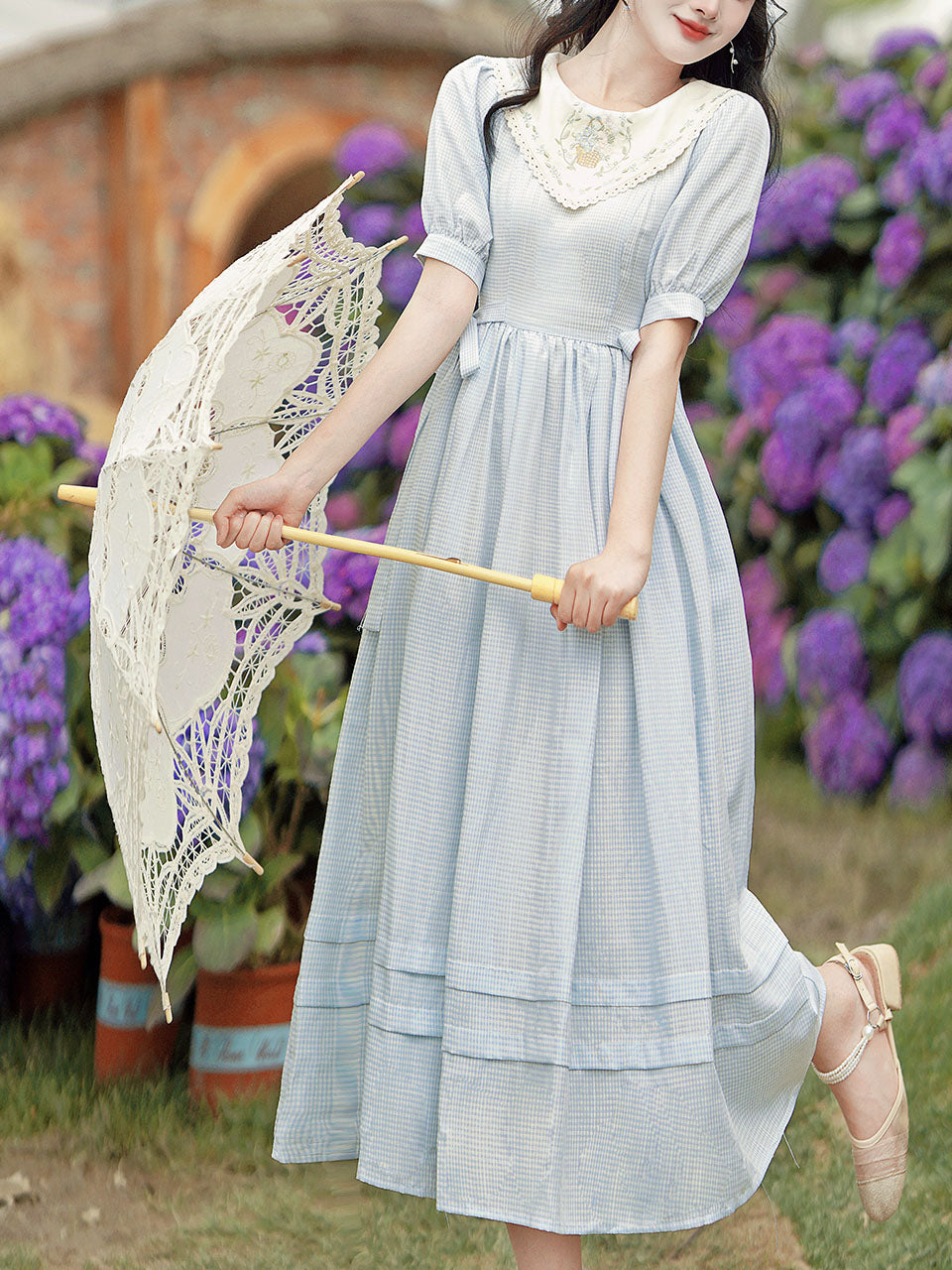 Baby Blue Embroidered Collar Vintage Cottagecore Cotton Dress – Jolly Vintage