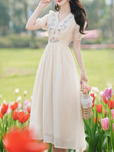 Load image into Gallery viewer, White V Neck Short Embroidered Puff Sleeve 1950S Vintage Dress
