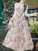 Load image into Gallery viewer, 2PS White Floral Print Spaghetti Strap 1950S Vintage Dress With Long Sleeve Ruffles Cardigan