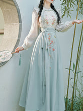 Load image into Gallery viewer, 2PS Blue Stand Collar Embroidered Top and White Horse-face Skirt Vintage Suits