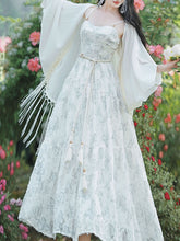 Load image into Gallery viewer, 2PS White Butterfly Print Spaghetti Strap 1950S Vintage Dress With Long Sleeve Tassel Cardigan