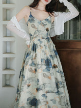 Load image into Gallery viewer, 2PS Blue Floral Print Spaghetti Strap 1950S Vintage Dress With Long Sleeve Cardigan