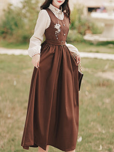 2PS Embroidered Stand Collar Vintage Fall Shirt Set Dress