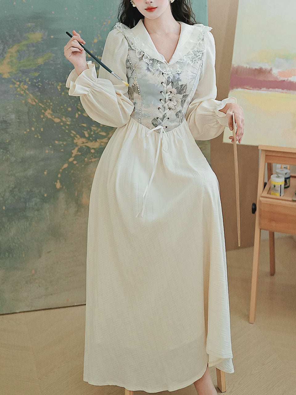 White V Neck Printed Long Sleeve Corset Vintage Dress, White / XS White V Neck Printed Long Sleeve Corset Vintage Dress, White / XS