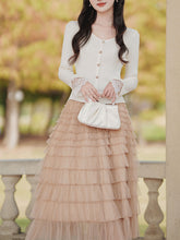 Load image into Gallery viewer, 2PS White V Neck Knitted Sweater and Swing Mesh Fairy Skirt Dress Set