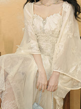 Load image into Gallery viewer, White Jacquard Acetate Spaghetti Strap with Tulle Wedding Maxi Dress and Butterfly Cardigan