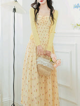 Load image into Gallery viewer, 2PS Yellow Floral Spaghetti Strap 1950S Vintage Dress With Long Sleeve Ruffles Cardigan
