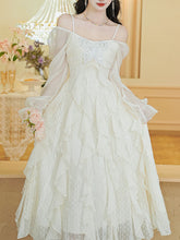 Load image into Gallery viewer, Vintage White Square Neck Butterfly Sequins  Lace Ruffle Long Sleeve Dress