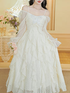 Vintage White Square Neck Butterfly Sequins  Lace Ruffle Long Sleeve Dress
