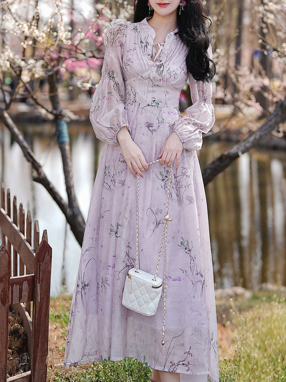 Purple Stand Collar Puff Long Sleeve Vintage Dress