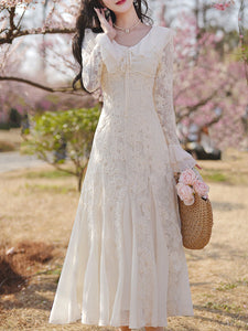 White V Neck Lace Flowers Long Sleeve Fishtail Wedding Vintage Dress