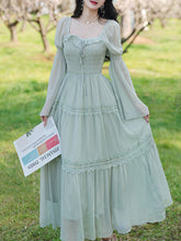 Load image into Gallery viewer, Green Square Collar Lace Ruffles Edwardian Revival Vintage Dress