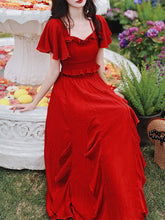 Load image into Gallery viewer, 2PS Red Rose Ruffles Spaghetti Strap Top and High Waist Swing Dress Set